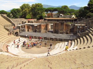 View down in to the theater of Pompeii from the top of the seating area